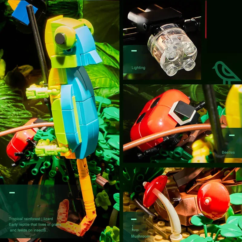 Ensemble de blocs de construction de poissons précieux avec lumière, forêt tropicale humide, papillon, caméléon, briques de construction créatives, jouets pour enfants, cadeaux