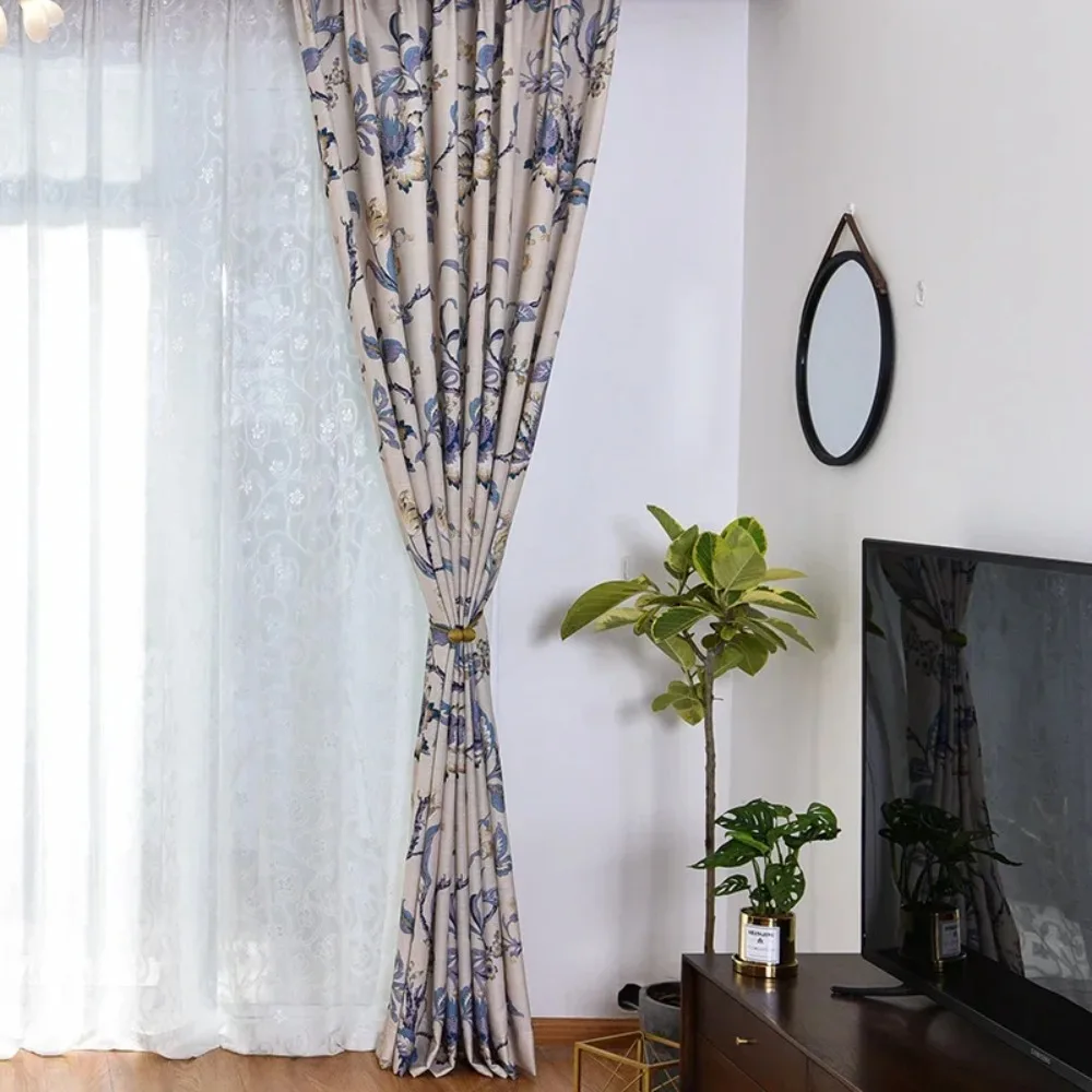 Modern rustic American country curtains bamboo knotted fabric digital printing fabric curtains