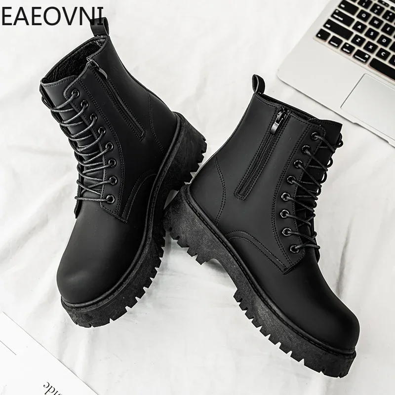 Nuevas botas de cuero negro a la moda para hombre, botines de nieve informales para trabajo al aire libre de alta calidad, antideslizantes, impermeables, estilo británico