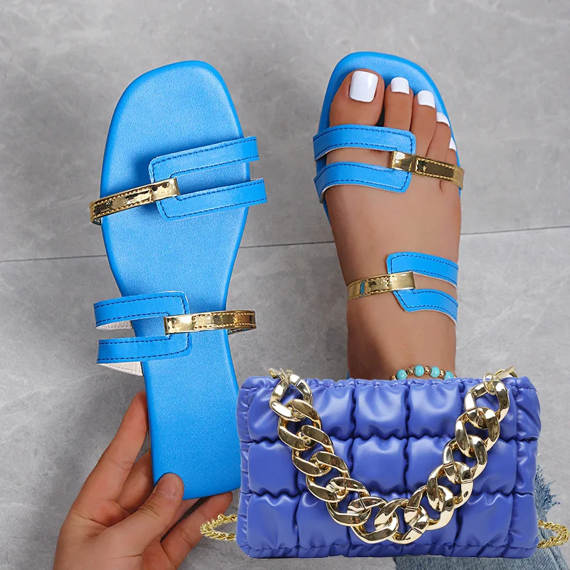 Plus Size New Color Matching Fishmouth Beach Slippers Women Summer Non-slip Slippers Women Shoes Fashion Chain Messenger Bag