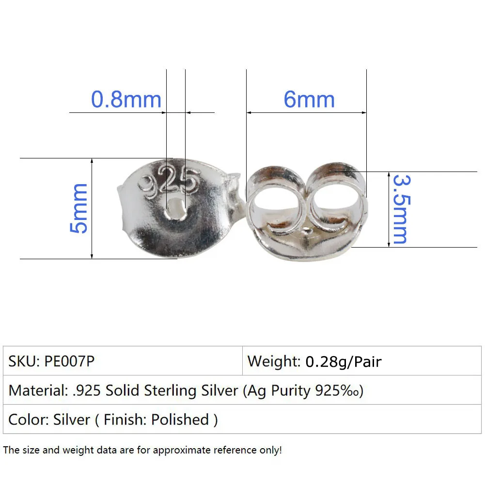 earnut,6mm(plain silver) solid 925 sterling silver earring backs,earring friction butterfly back stopper for earstuds,1pair
