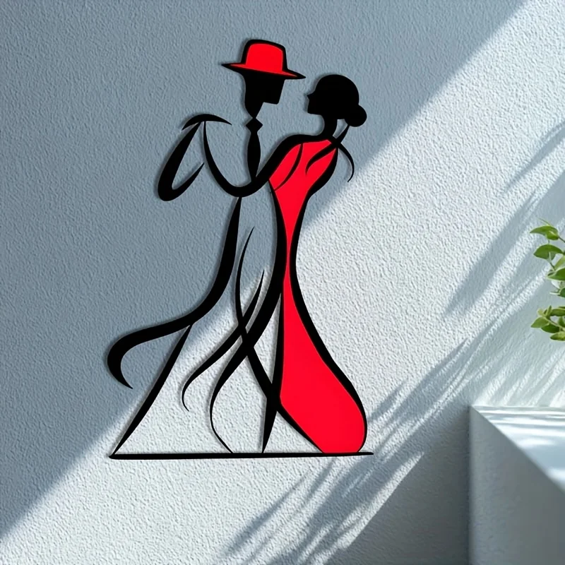 Couple Ballroom Dancing Metal Wall Art, Waltz Dancers Silhouette Solid Iron Metal Wall Decor, Color Painted Red White Vertical