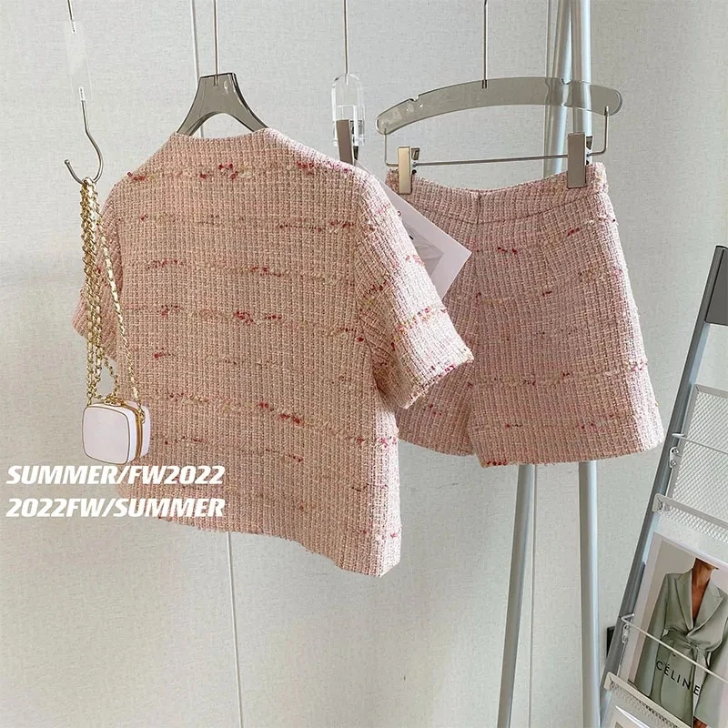 Shorts Sets 2 Piece  Womens Outifits O Neck Pink Tweed Jacket Femme Crop Cardigan Tops Korean Coat Short Pant Suit