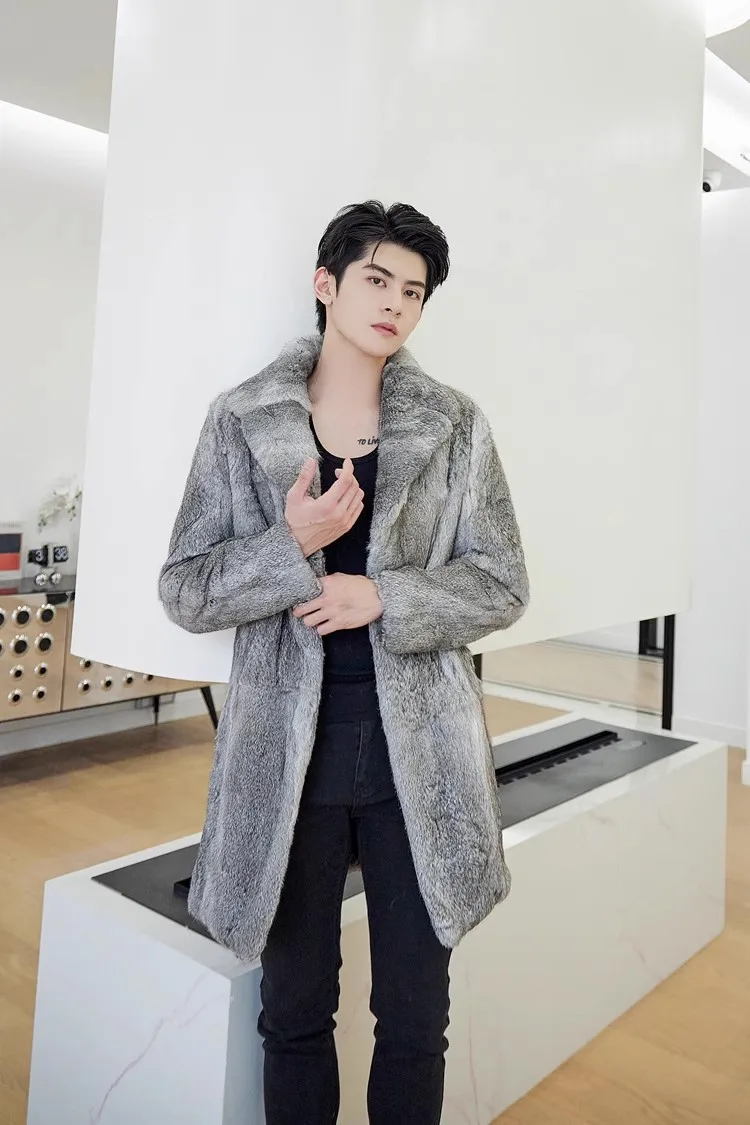 Real genunie natural rabbit fur coat men's English-collar long fashion jacket warm winter custom any size