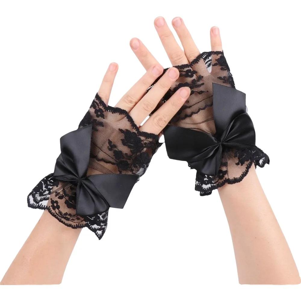 Lace Fake Sleeves Flower Detachable Short Fingerless Gloves Bowknot Mesh Wrist Cuffs Party Cosplay Evening Prom Decor