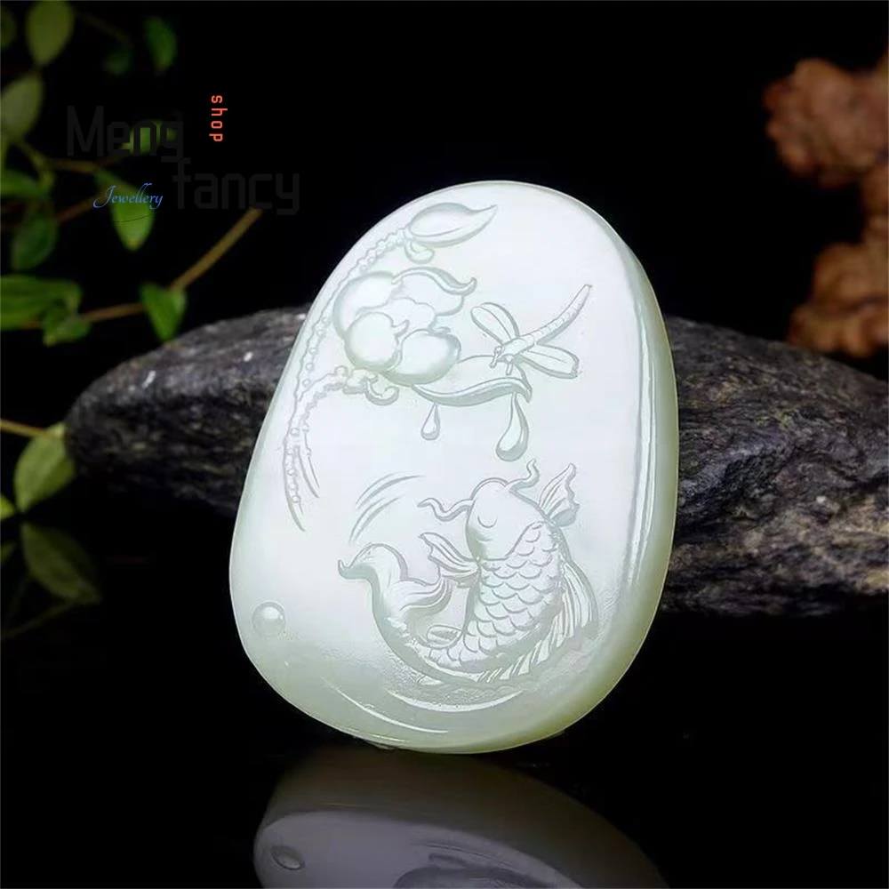 Natürliche Hotan Jade feine Schnitzerei Lotus Koi Blumen teich Anhänger exquisite elegante einfache hochwertige Modeschmuck Weihnachts geschenke