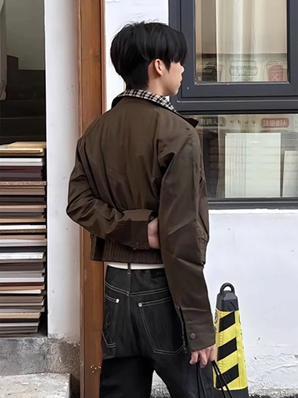 

Мужская рабочая одежда в американском стиле ретро в клетку, коричневая или куртка с воротником-стойкой, теплое пальто свободного покроя, полиэстер, нейлон, волокно Cosite