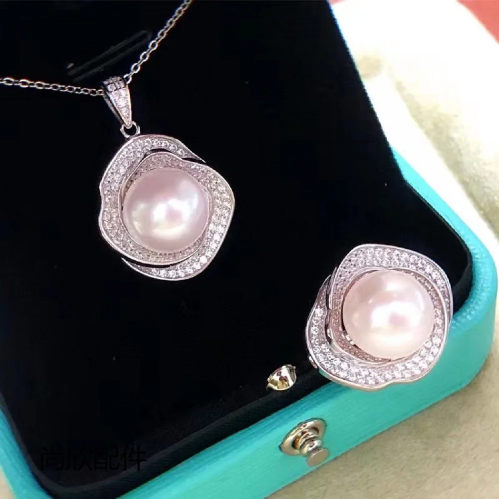 New Pearl AAAA 11-12mm South Sea Round Pearl Pendant 18inch+Open Ring Set 925s