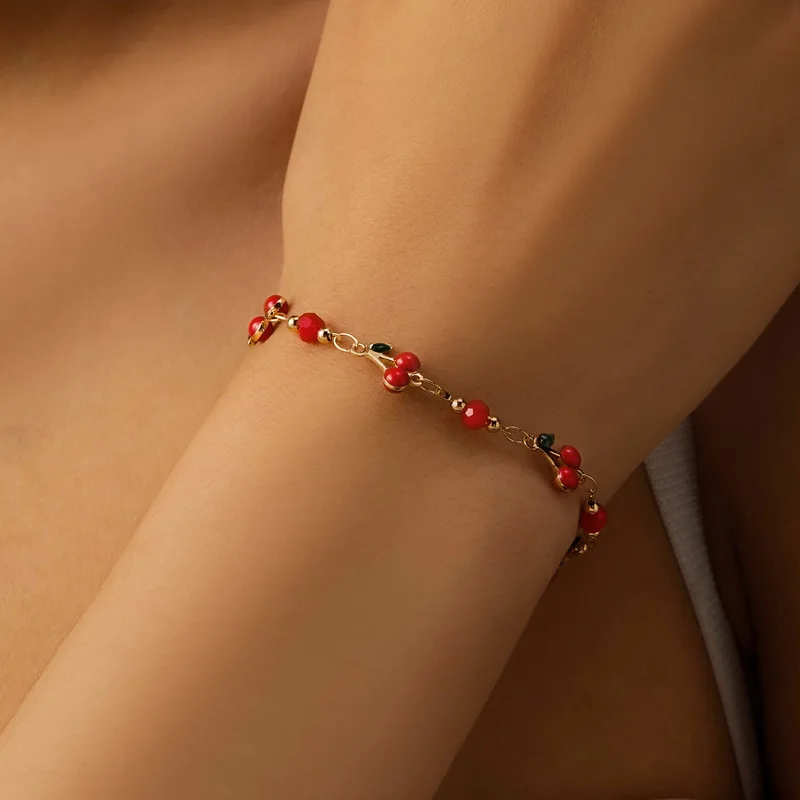 New Design Colorful Crystal Flower Bracelet for Women Minimalist Sweet Love Heart Cherry Bracelet Party Banquet Jewelry Gift