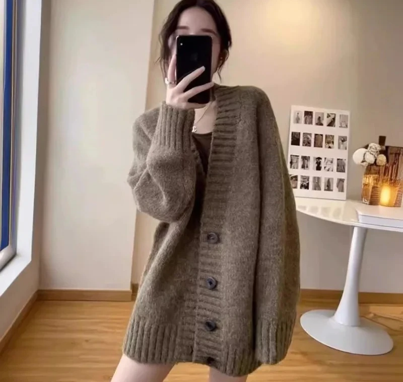 

Женские свитера, зимний вязаный кардиган на пуговицах, винтажный однобортный женский длинный топ