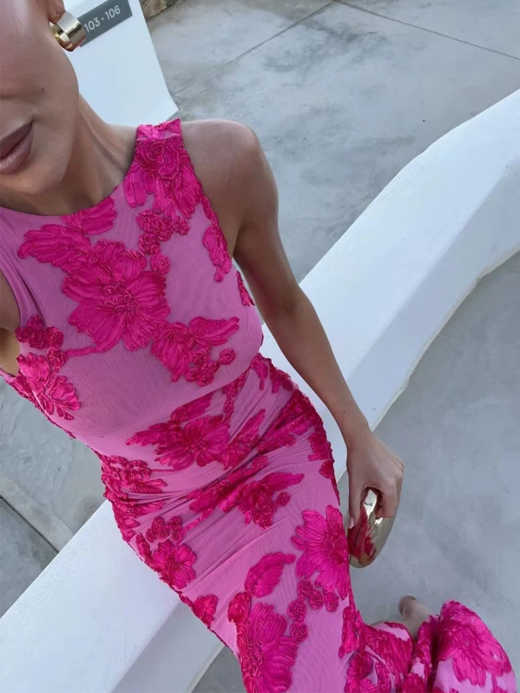 Elegant 3D Flower Embroidery Sleeveless Maxi Dress Women Hip Package Slim Party Long Dress Summer Fashion Beach Vacation Dresses