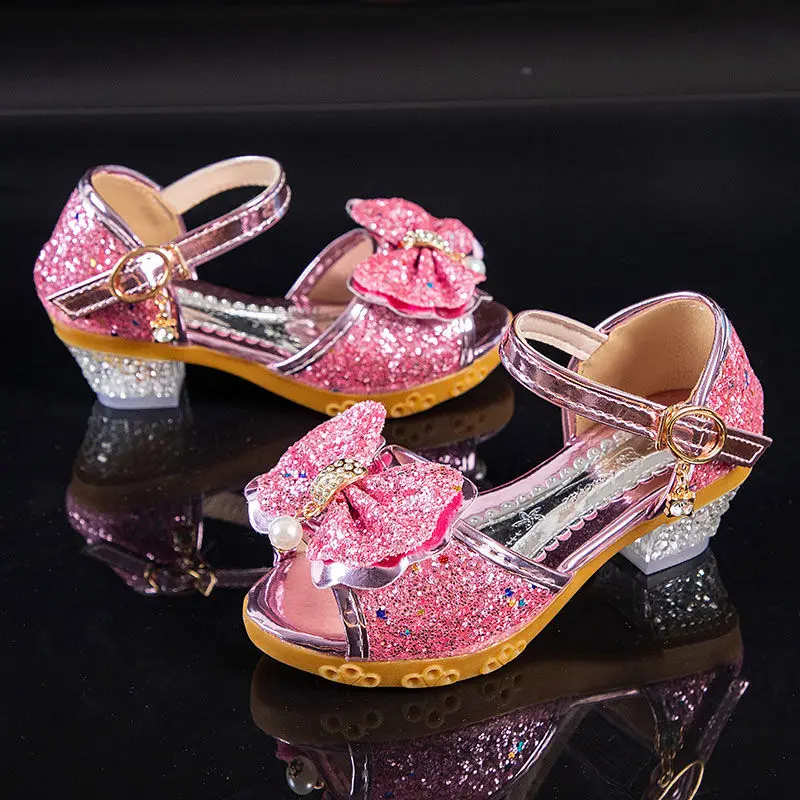 Girls Sandals Summer 2021  New Children\'s Princess Shoes Little Girls High-heeled Bow-knot Crystal Sandals Party Dress Wedding