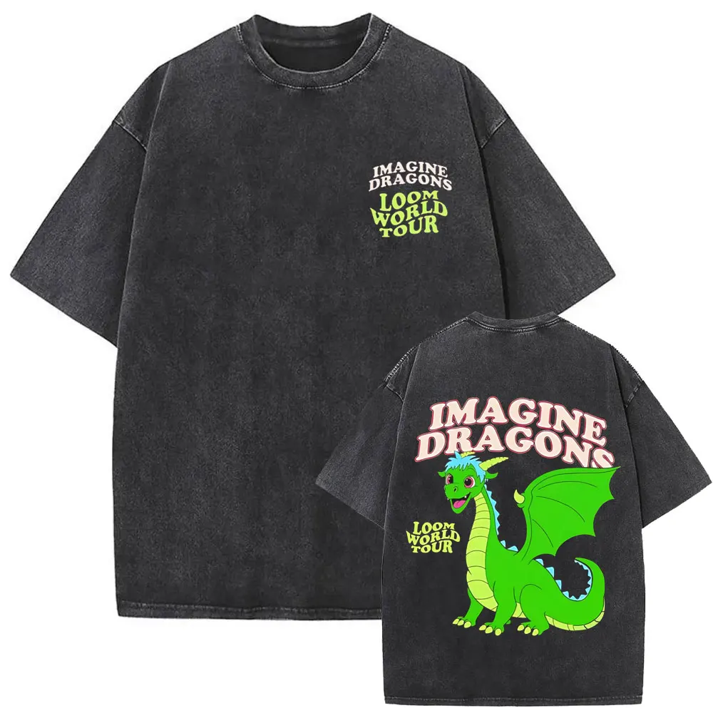 

Washed Vintage Imagine Dragons Loom World Tour 2025 T Shirts Rock Band Cartoon Dragon T-shirts Men Women Casual Cotton T-shirt