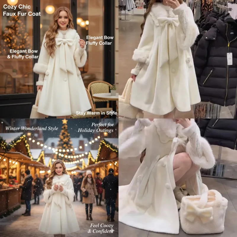 French Bow Jacket Coat Women Y2K Sweet Plush Cardigan White Tie Button Outerwear Elegant Commuter Style Warm Winter Coat Girls