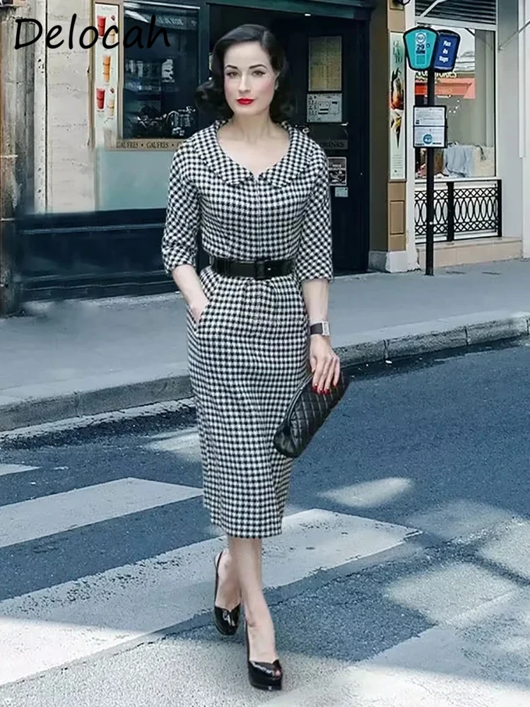 

Delocah High Quality Autumn Women Fashion Designer Pencil Dress Half Sleeve Belt Plaid Printed Elegant Slim Ladies Midi Dresses