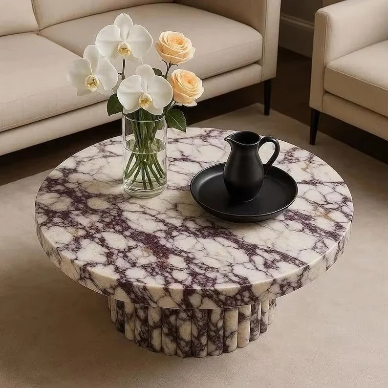 Luxury Hot Sale Marble Purple Vein Italian Round Shape Calacatta Viola Fluted Marble Coffee Table for Home Decoration