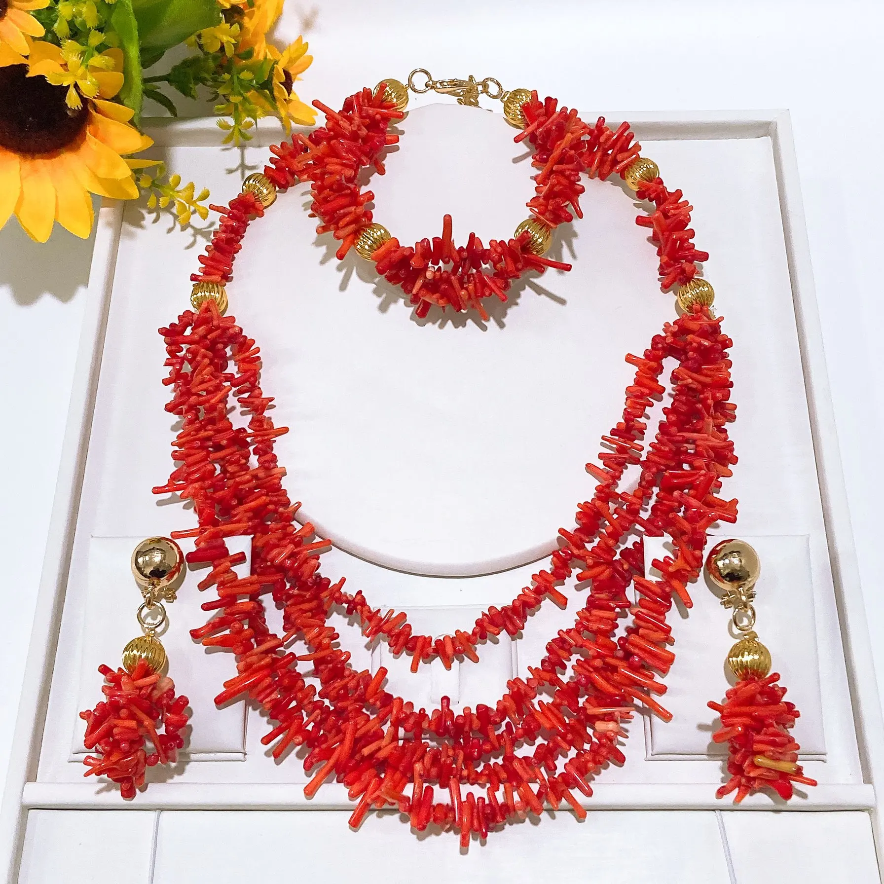 Luxury Fancy Hotsale Irregular Coral Beads Jewelry Set For Women Classic Necklace Torque Choker Long Chain Jewellery for Wedding