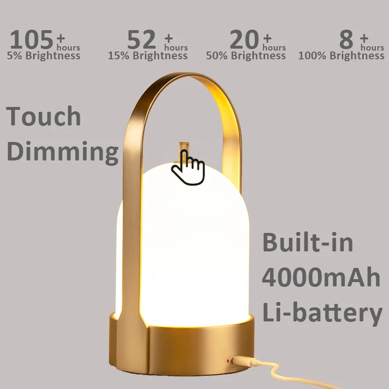 โคมไฟทองเหลืองไร้สาย4000mAh แบบชาร์จไฟได้โคมไฟตั้งโต๊ะในร่มกลางแจ้งสไตล์วินเทจหรูหราทันสมัย LED แบบพกพา