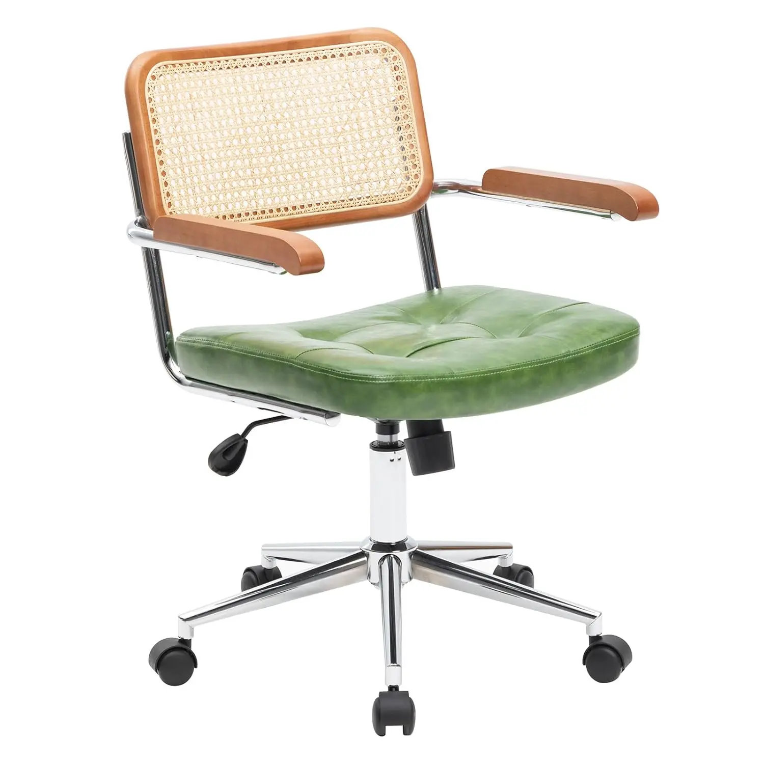 i*-Rattan Office Chairs, Modern Rattan Desk Chair With Natural Back & Wood Armrest, Small Upholstered Tufted Leather Home