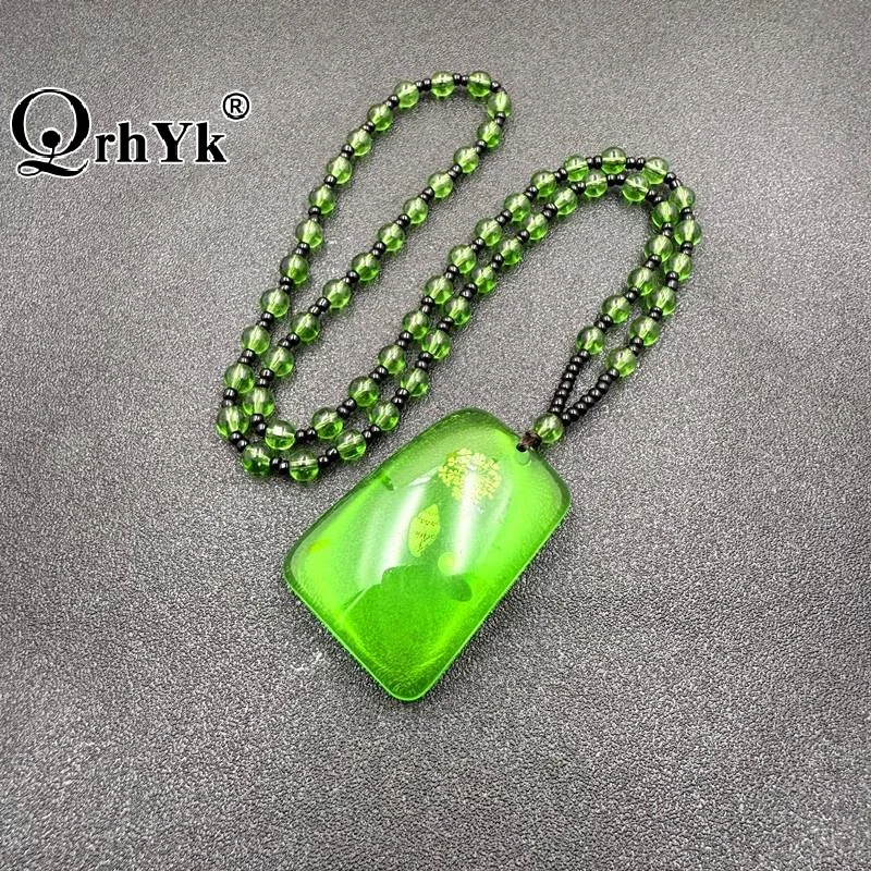 Green Amber Beeswax Necklace Water Drop Pendent Necklace For Women Unisex Lucky Safety Long Pendant Sweater Chain Ornaments