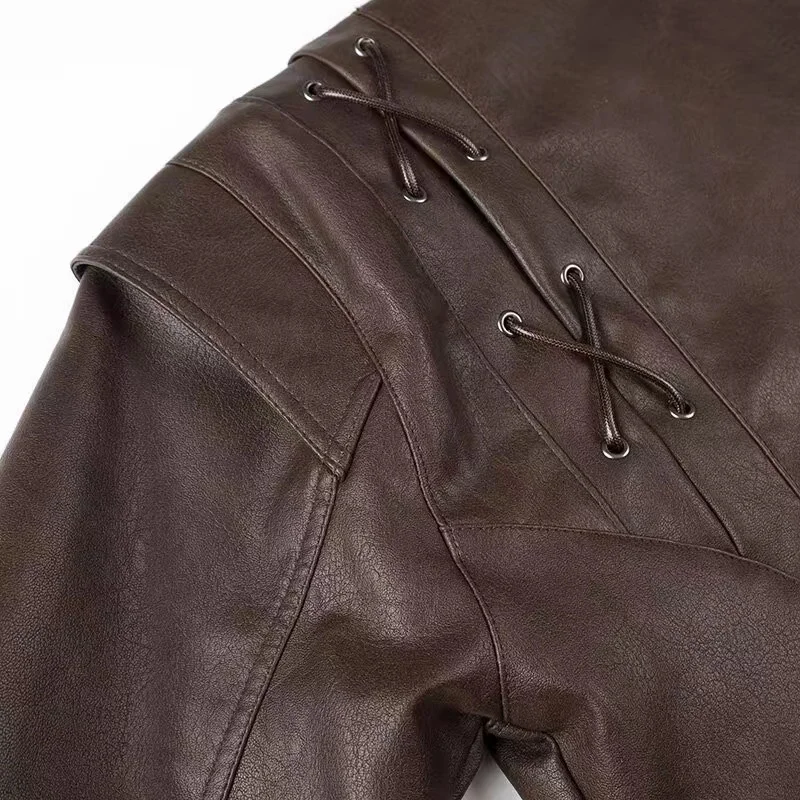 2024 Pu motorcycle Coat Faux Leather Jacket Women Autumn Winter Fashion Vintage V Neck Female High Street Casual Ladies Outwear