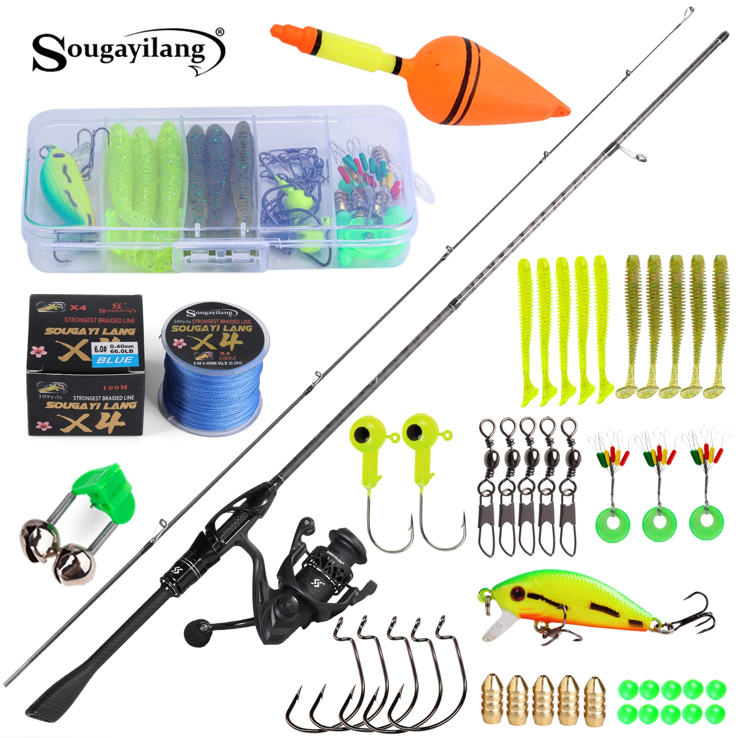 Sougayilang - Combo de Caña de Pescar Giratoria de 1.8 m y Carrete, Kit Completo con Señuelos, Anzuelos, Línea, Juego de Cañas de Fibra de Carbono para Agua Dulce y Salada
