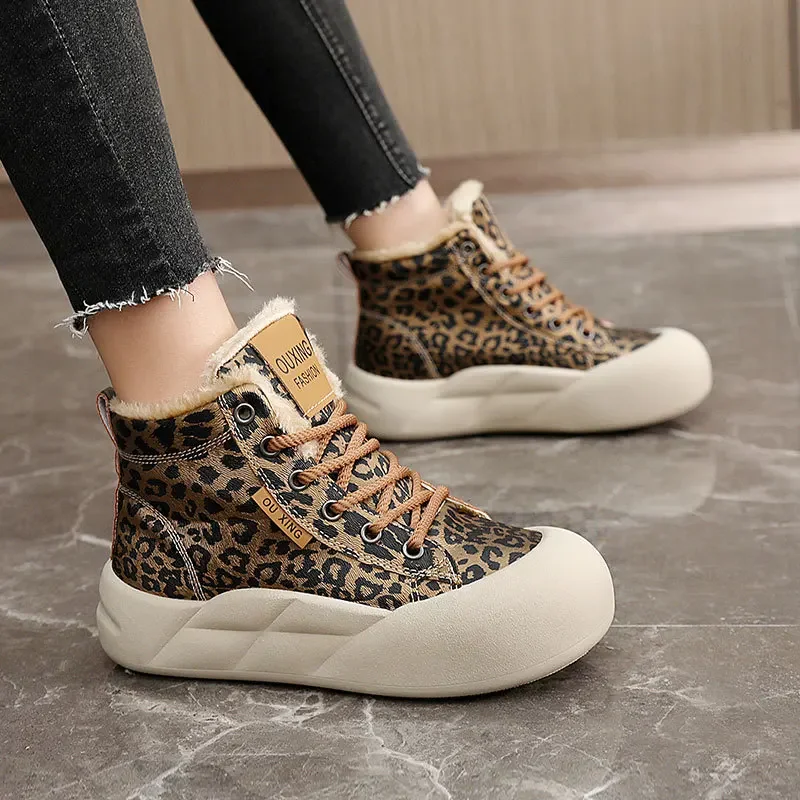 

Warm Sneakers for Women Winter Fashion Leopard Print Sports Padded Shoes Woman Comfort Fur Trainers Skateboard Boots Footwear