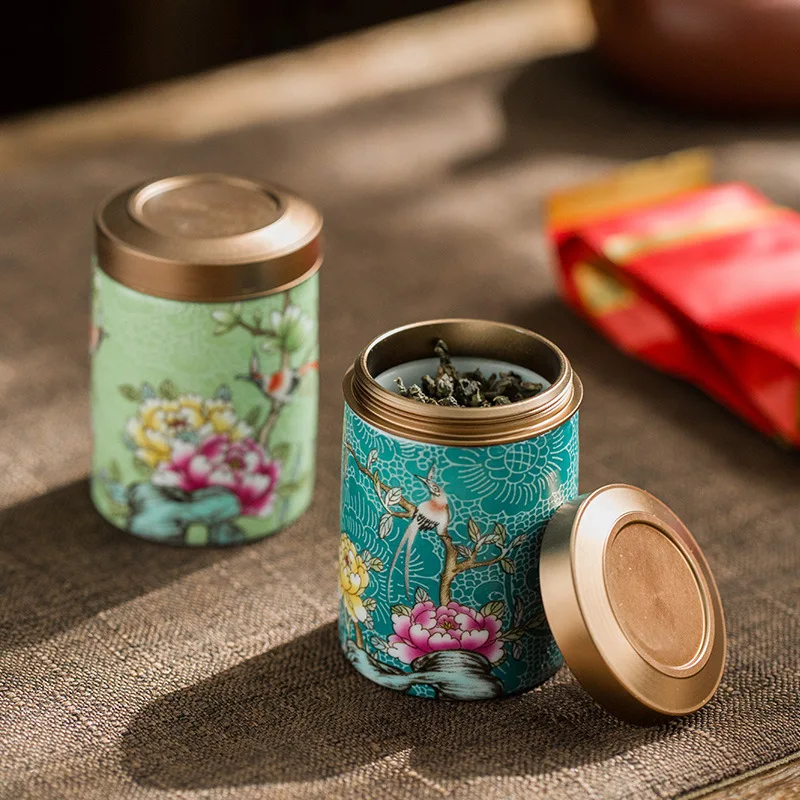 Exquisite Enamel Tea Jar Metal Cover Ceramic Sealed Jar Storage Bucket Small Travel Tea Set Candy Biscuit Storage Jar Container