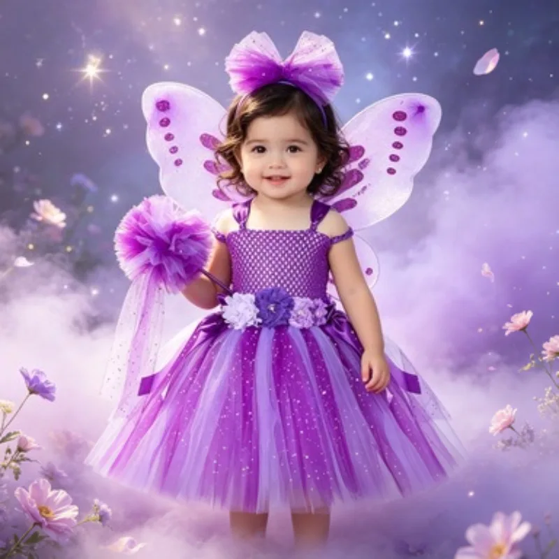 Glitter Purple Flower Fairy Costume for Girls, Tulle Tutu Cosplay Dress,Toddler Kids Outfit Perfect Halloween Birthday Dress Up