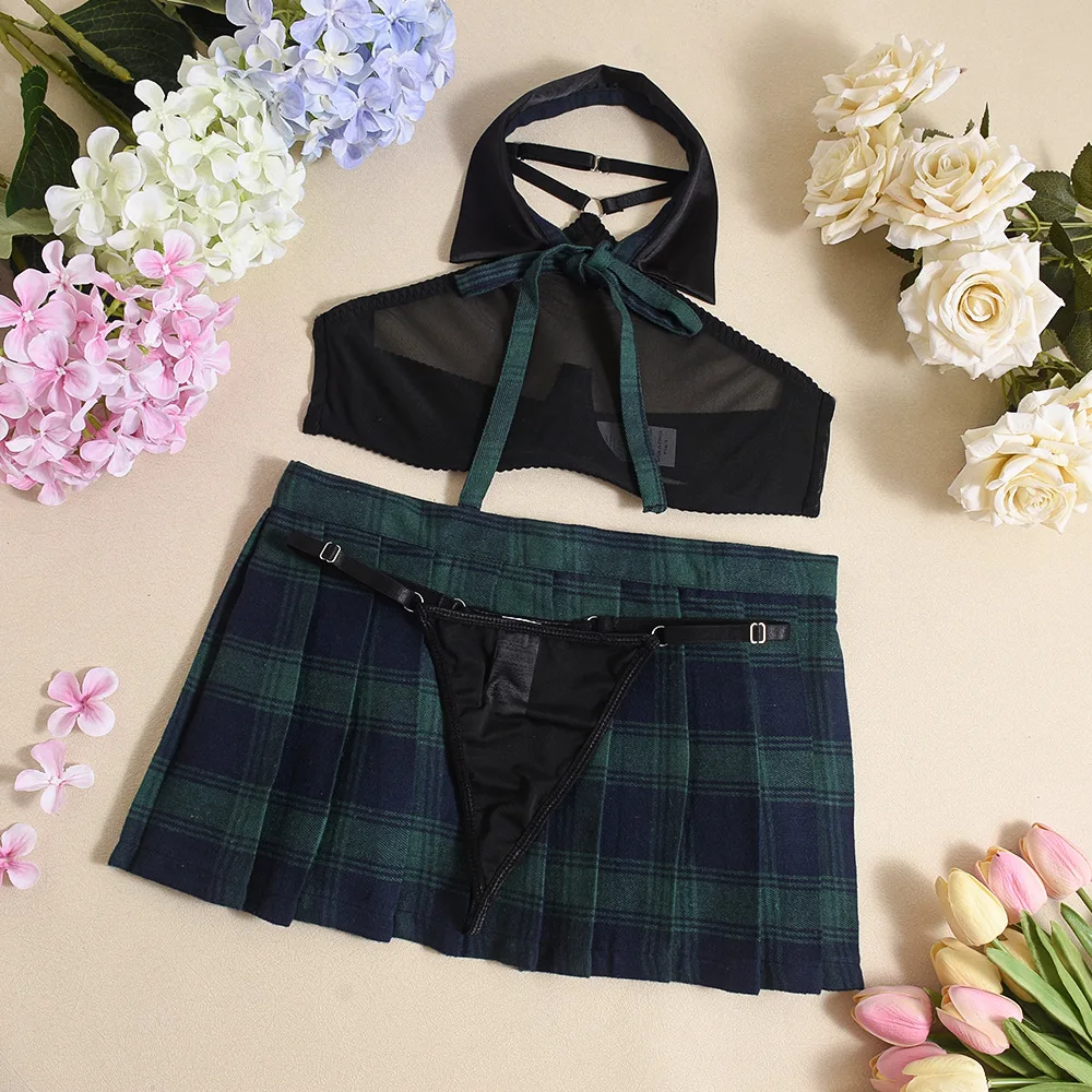 Ellolace Students Cosplay Lingerie Green Plaid Skirt Ultra Hot Halter Bra Transparent Necktie g-String Thongs Ensemble Lingeries