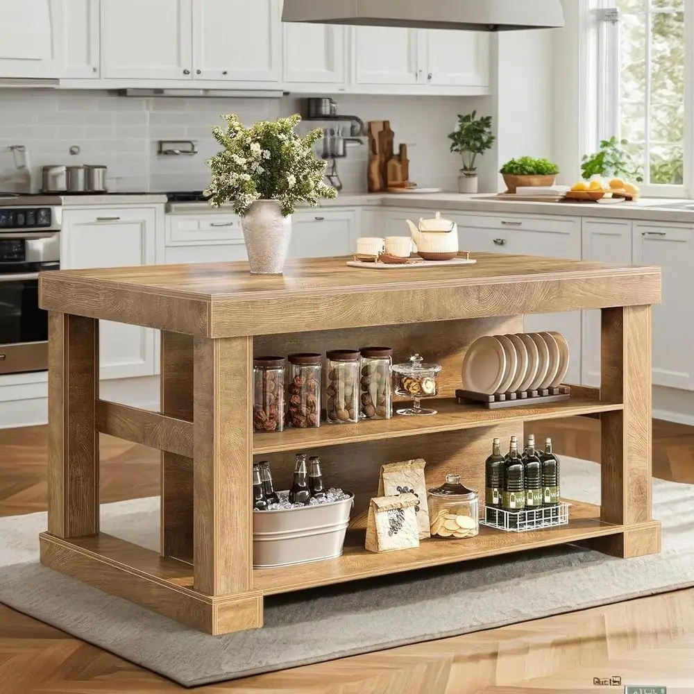 55-Inch Rustic Brown Wooden Kitchen Island with Storage and 3-Tier Home Bar Counter