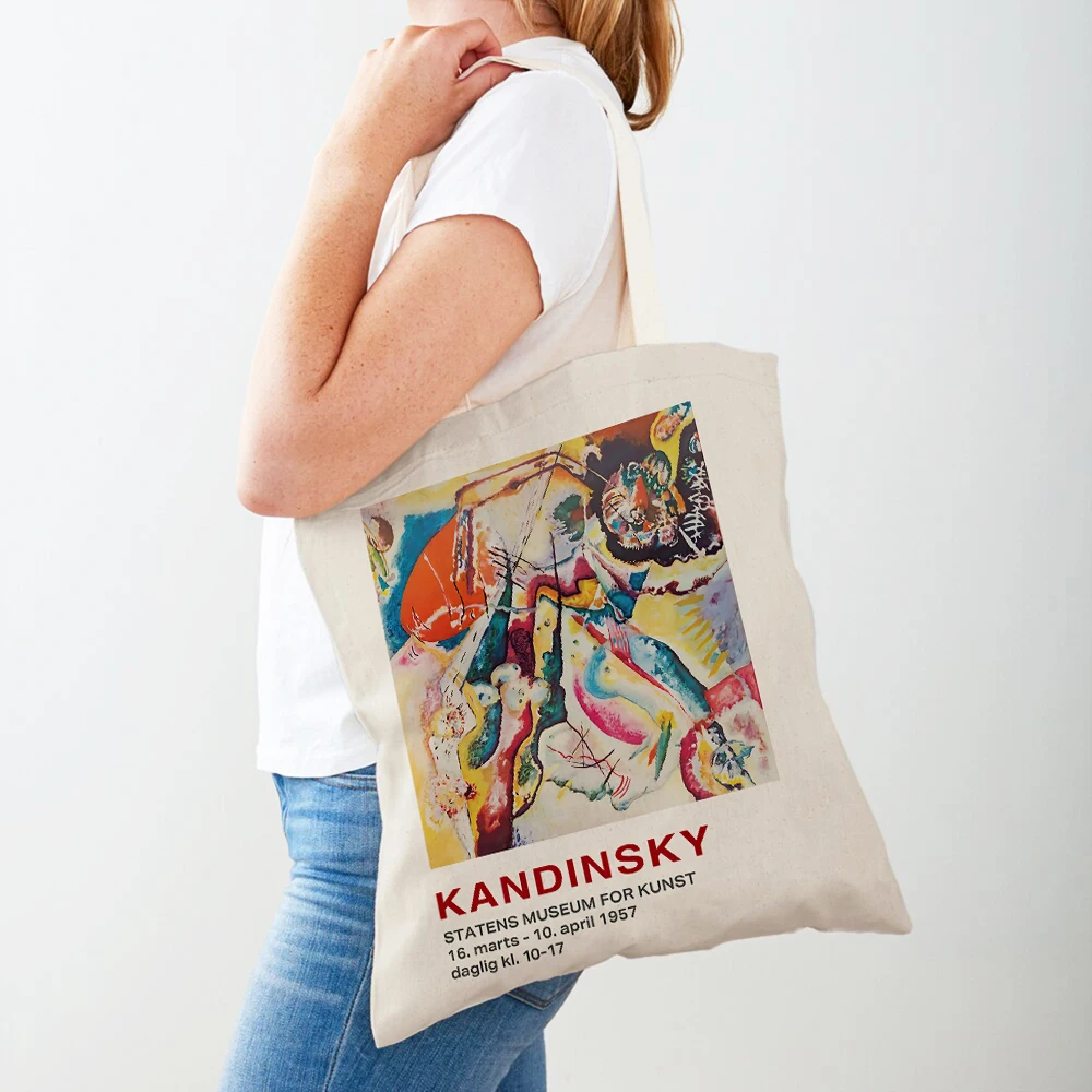 Double Print Fashion Shopper Bag Kandinsky Watercolor Abstract Modular Cat Lady Tote Handbag Canvas Women Shopping Bags