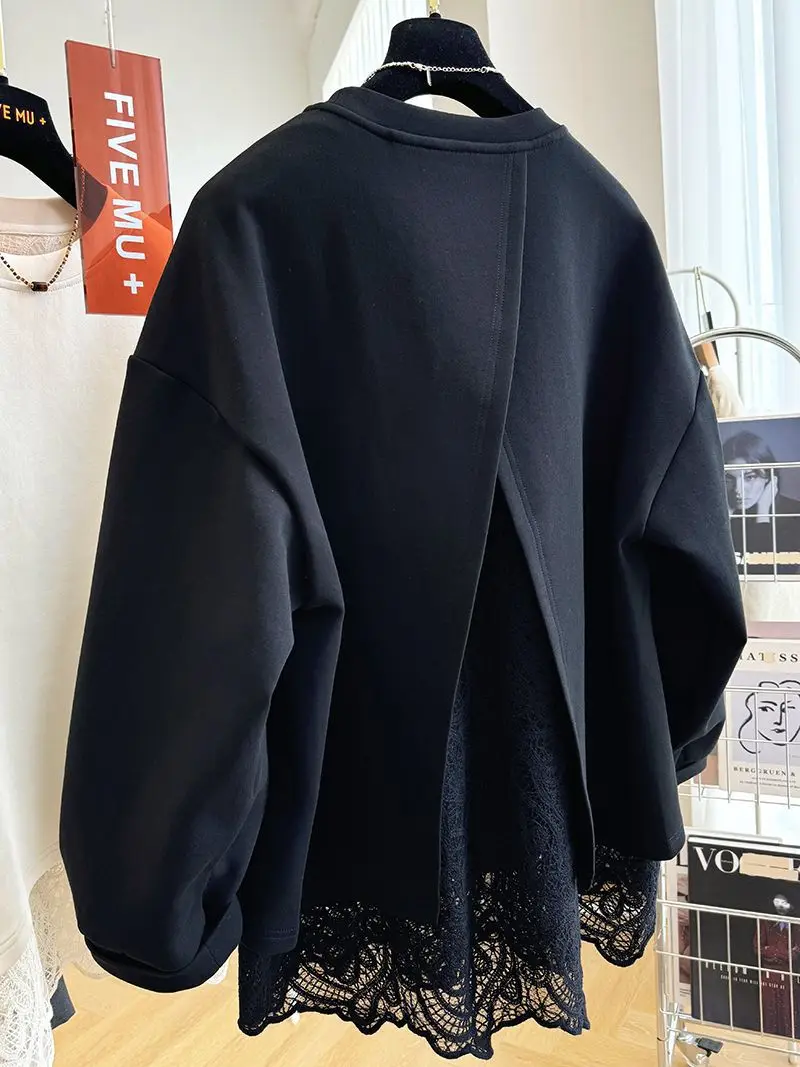 New Style Lace Splicing Fake Two-piece Pullover O Neck Sweatshirt For Women Spring Autumn Loose Top Fashion Casual Solid Hoodie