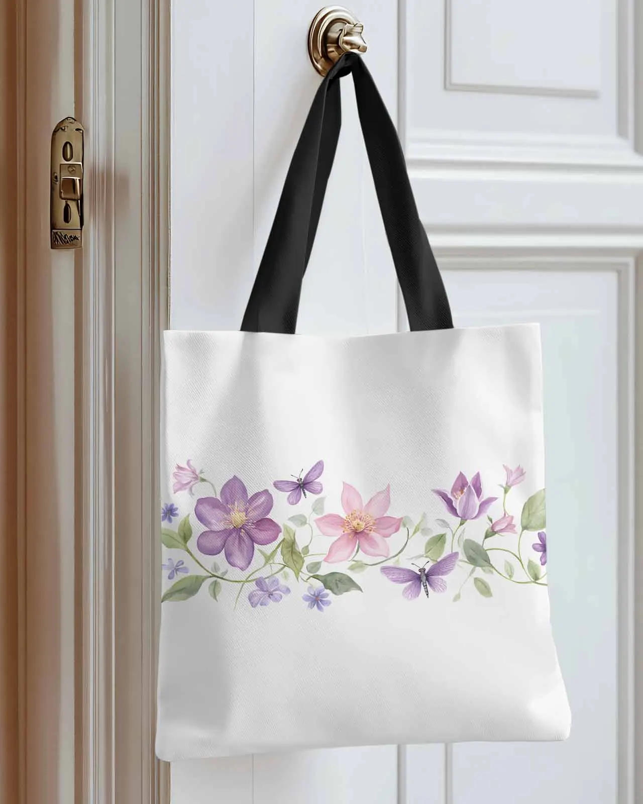 

Purple Flowers Spring Pastoral Canvas Bag Handbag Oxford Cloth Eco Shopping Storage Bag for Home Use