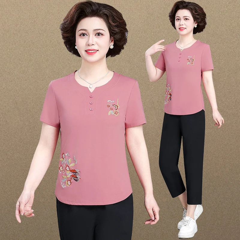 

Модный летний комплект одежды больших размеров: футболка для женщин среднего возраста, спортивный топ в корейском стиле, свободные длинные брюки с круглым вырезом