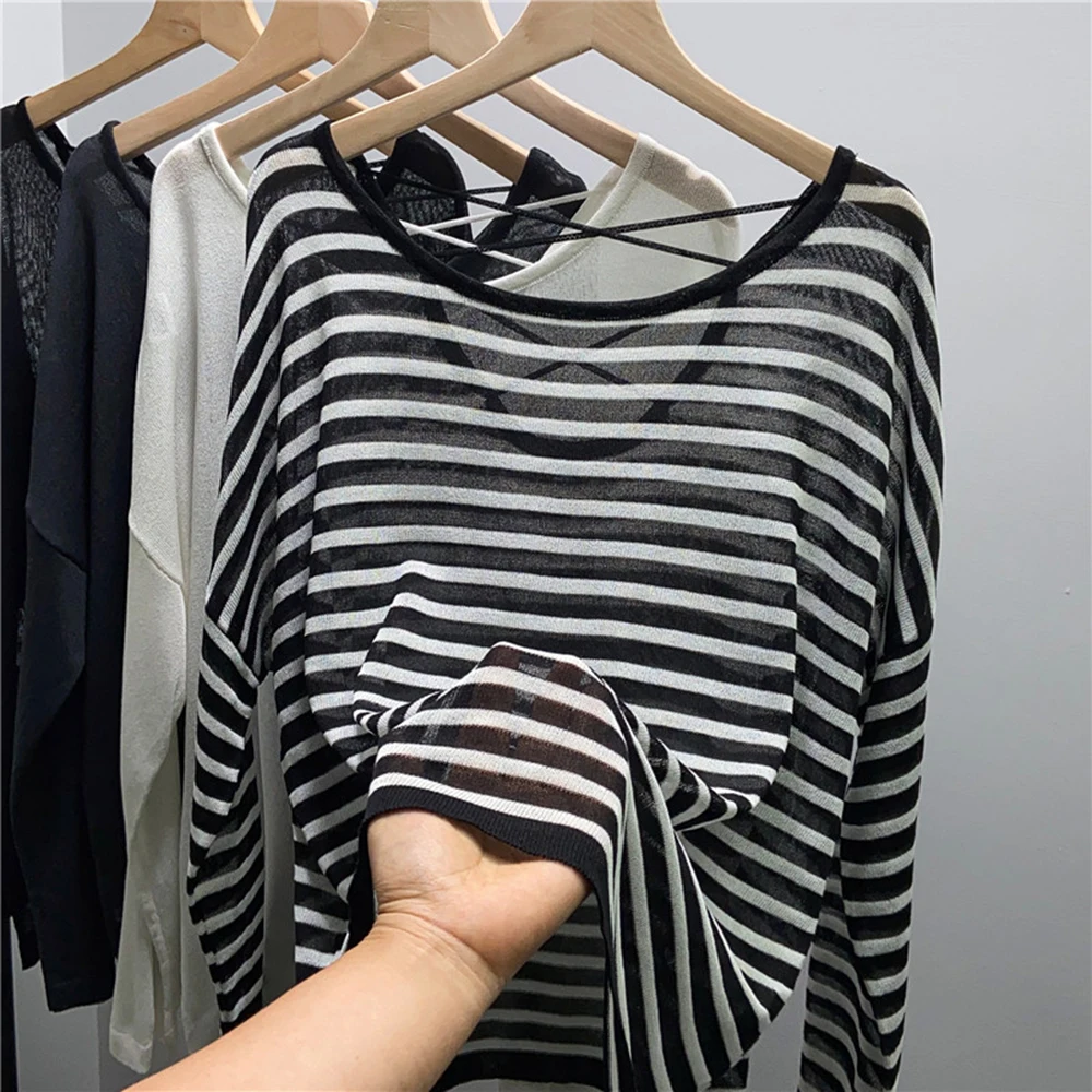 Knitted Ice Silk Fabric Pullover T-shirt Women's Summer Cross Backless O-neck Long Sleeves Top Inner Versatile Sunscreen Shirt