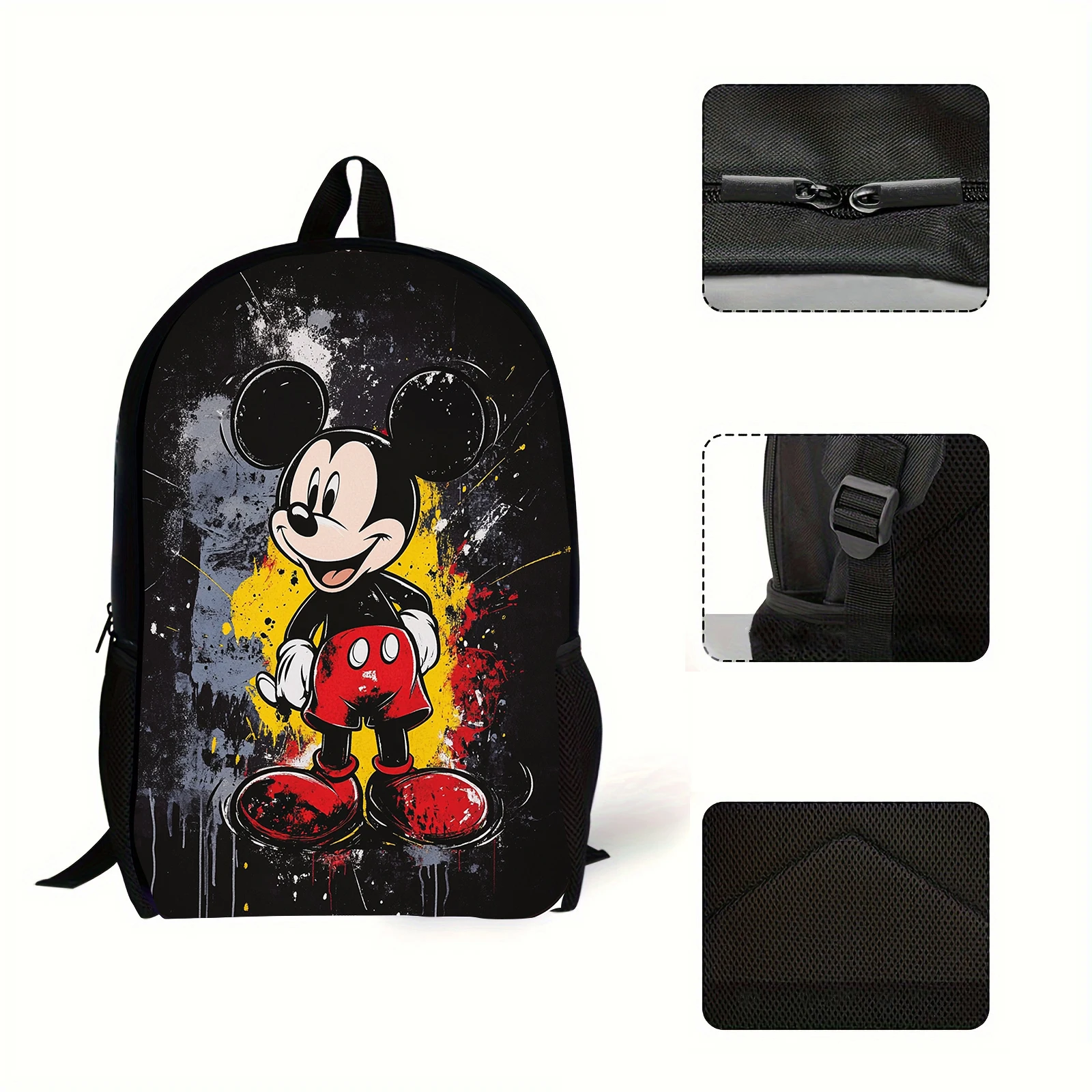 Mickey Print Mochila com tinta salpicada, adequado para deslocamento diário e uso de viagem, presente do estudante, 1pc