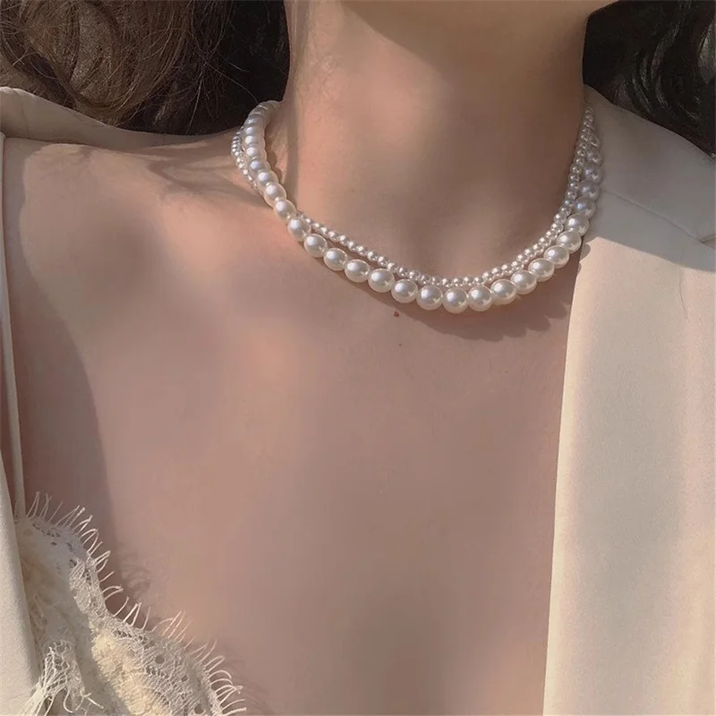 Trendy Elegant Pearl Beaded Choker Necklace Ladies Exquisite Double Layer Clavicle Chain Necklace Jewelry For Ladies Gift image 3