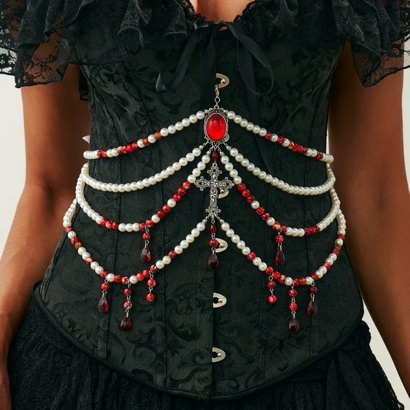 

HQ Goth Multi Layer Blood Drop Imitation Pearl Waist Chains Pearl Harness Cross Crystal Belly Chain Body Chain Jewelry Halloween