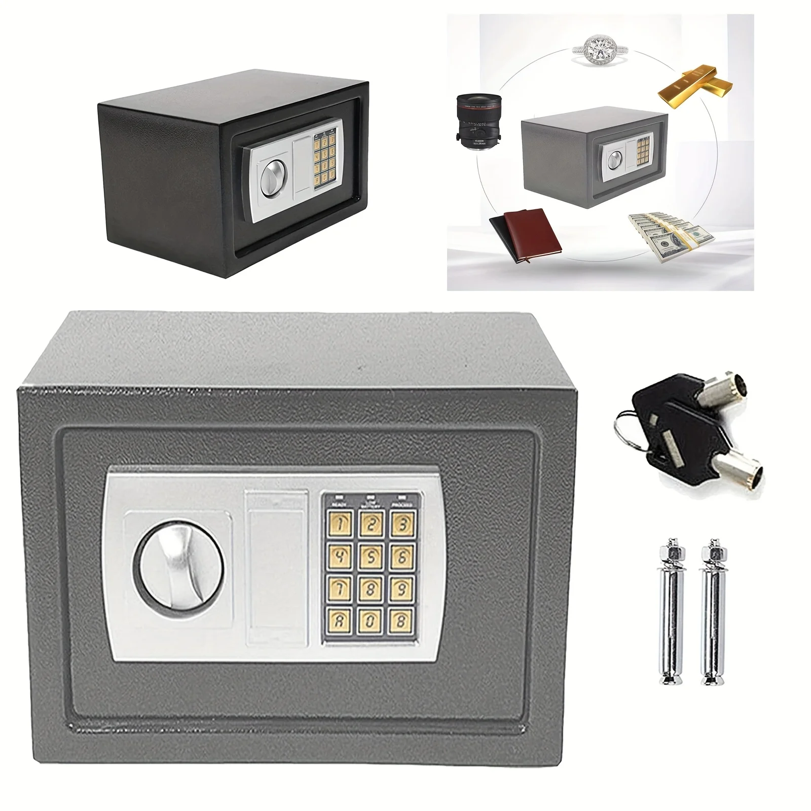Cassaforte elettronica ignifuga 31x20x20cm | Doppia chiusura (codice+chiavi), impermeabile, tieni al sicuro soldi, gioielli, passaporto – casa, hotel, muro. Protezione garantita – grigio