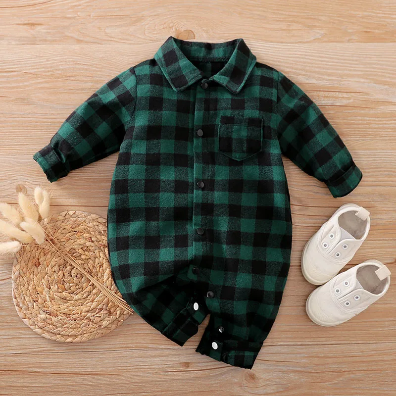 Newborn Baby Boy Clothes Green Plaid Boy Rompers Christmas Jumpsuit One piece Gentleman Suit New Year Costume For Babies