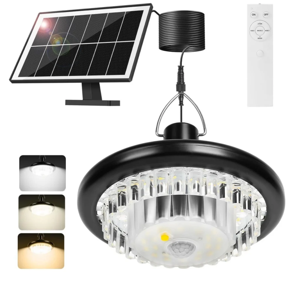 LED Solar Pendant Light with Motion Sensor, 360° Rotating Outdoor Hanging Lamp, Solar Powered Ceiling Light for Patio, Shed