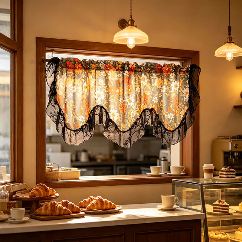 1pc French Country Floral Wavy Short Curtain, Black Lace Ruffled Tier Valance, Light Transparent Terylene Small Window Curtain