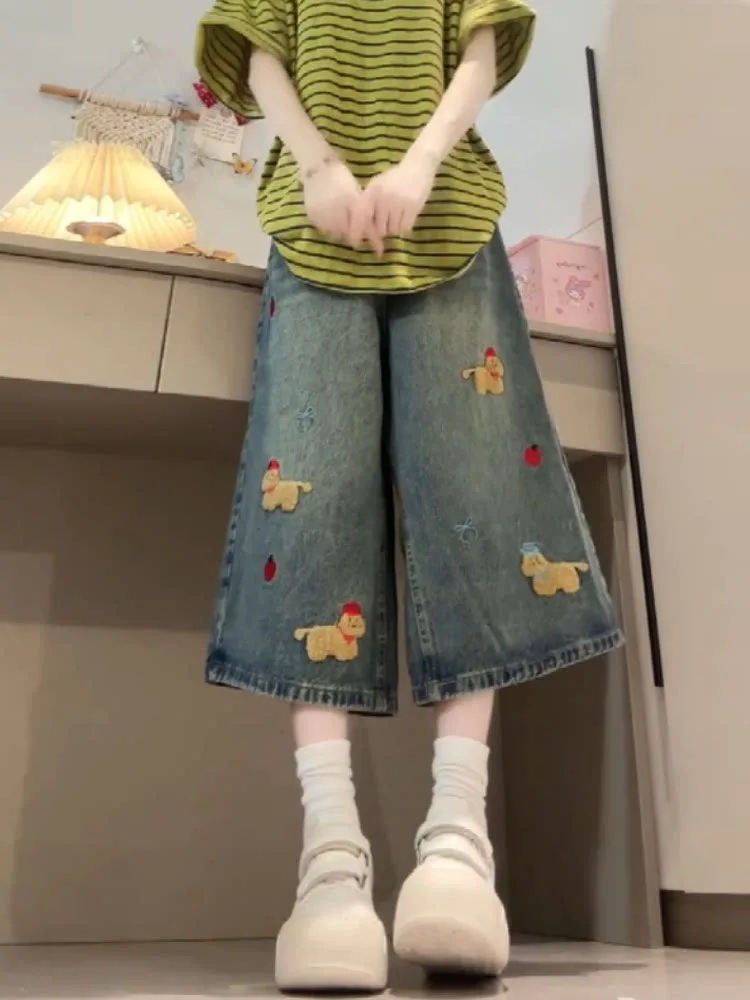 

American Retro Cartoon Dog Embroidery Jeans High Waist Loose Fit Summer New Style Women's Wide Leg Pants Casual Cotton Blend