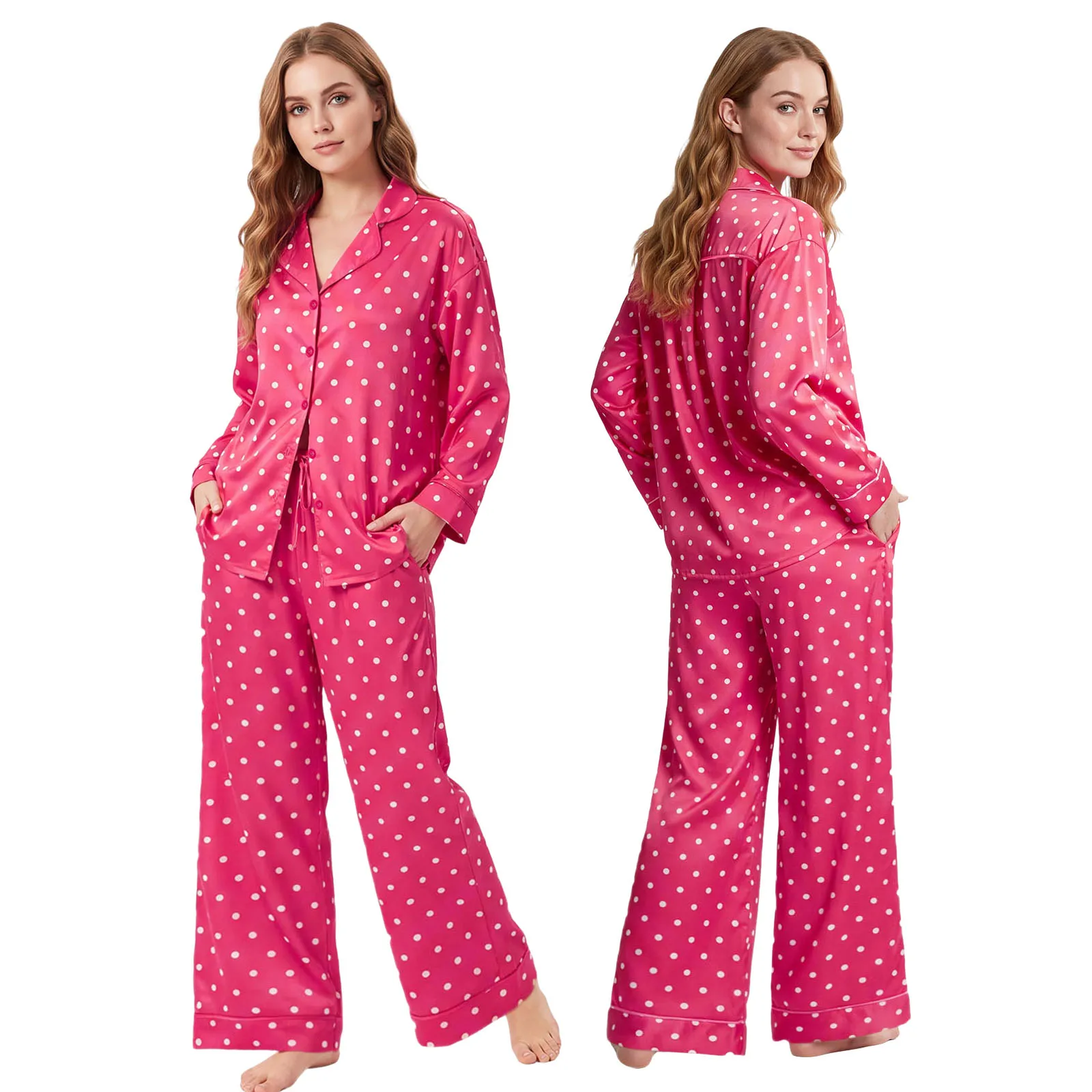 Early Autumn Women's Stripe/Dot Pajama Set Fall Long Sleeve Button Down Tops with Pants