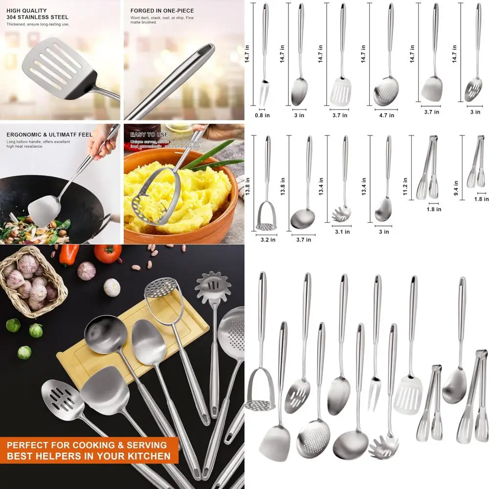 

Набор кухонной утвари из нержавеющей стали из 12 предметов с давицей, вилкой, щипцами и другими средствами — можно мыть в посудомоечной машине