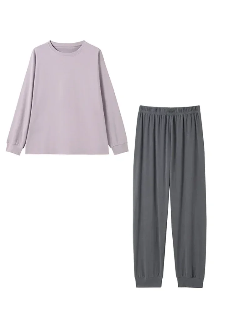 Homewear setelan Pullover wanita, piyama atasan lengan panjang leher-o longgar warna kontras beludru musim gugur dan musim dingin