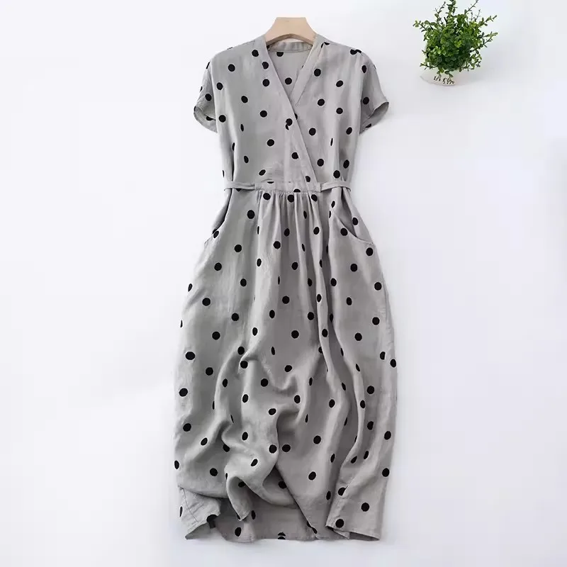 2024 New Summer French Style Women Dresses Elegant Short Sleeve V-Neck Drawstring Midi Dress Vintage Polka Dot Sundress Vestidos