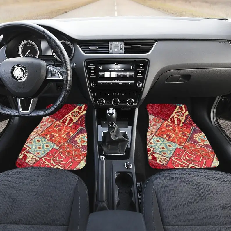 Red Oriental Asian Patchwork Car Floor Mats Set, Front and Back Floor Mats for Car, Car Accessories