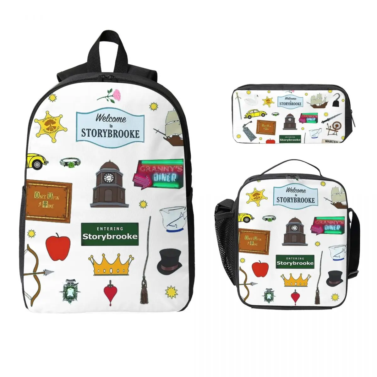 Once Upon A Time Character Symbols And Icons Backpack Student Boys Girls BookBag School Bag 3ps Insulated Lunch Bag Pencil Case